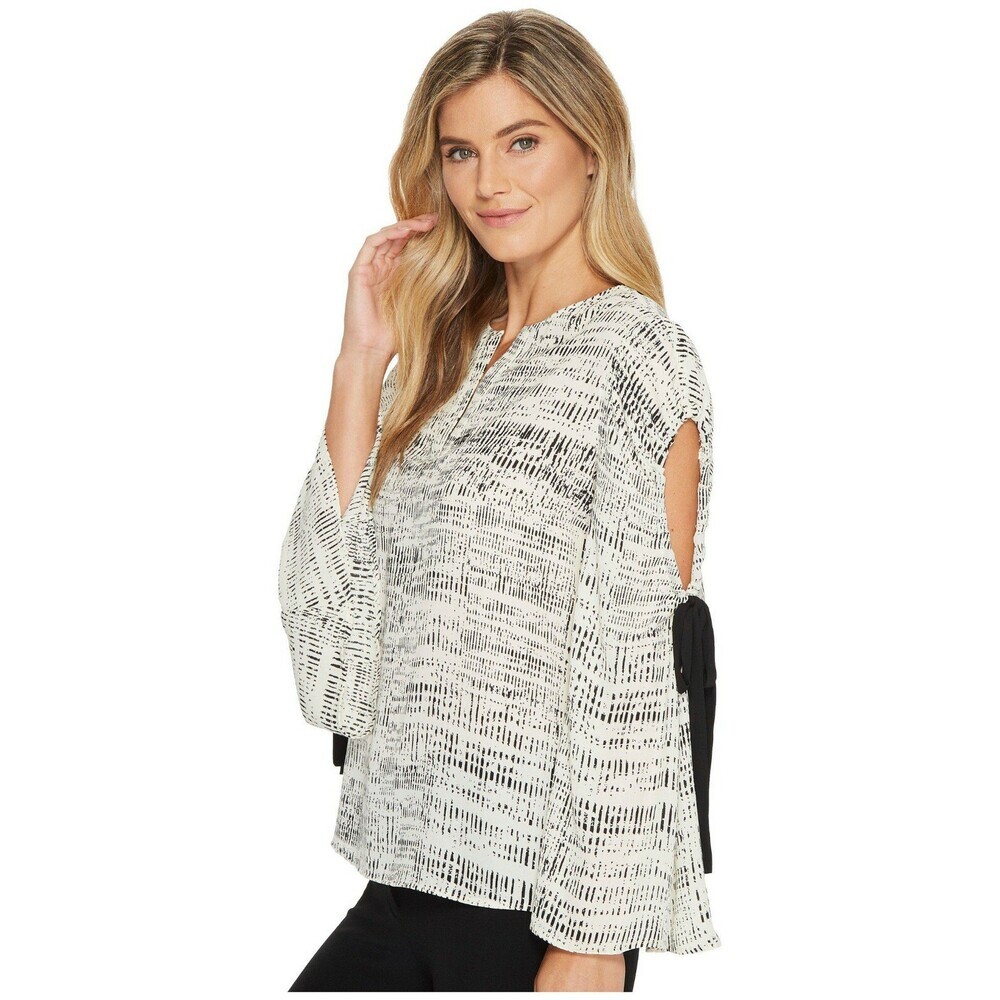 Ivanka Trump Women's Cold Shoulder Ruched Sleeve Printed Top In Ivory/Black $165